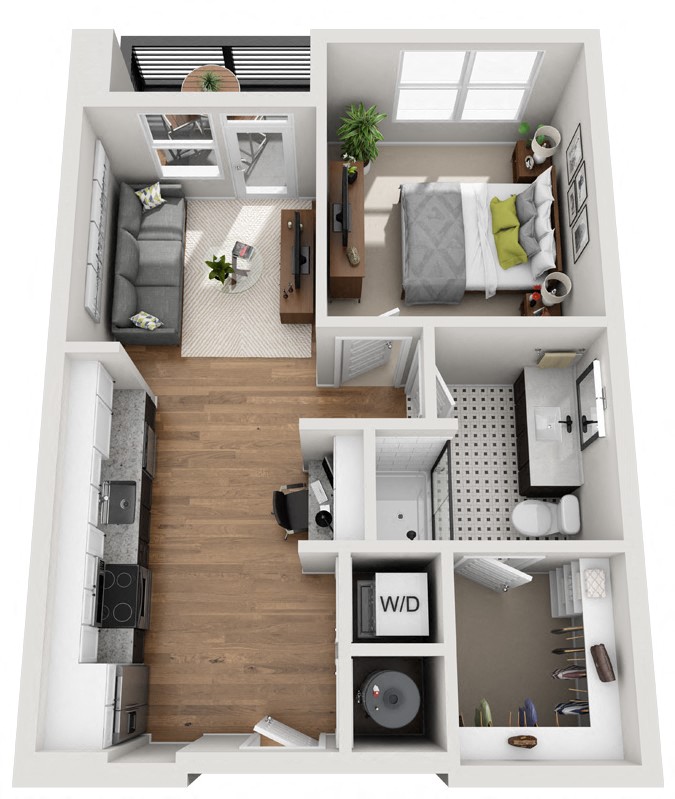 Floor plan for 1 bed, 1 bath, 620 sqft